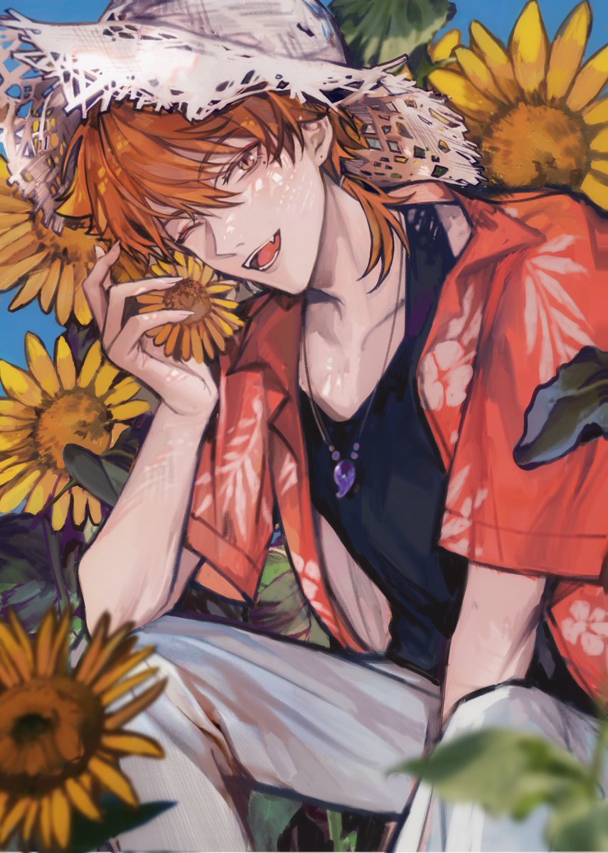 1boy flower male focus shirt hat sunflower solo  illustration images