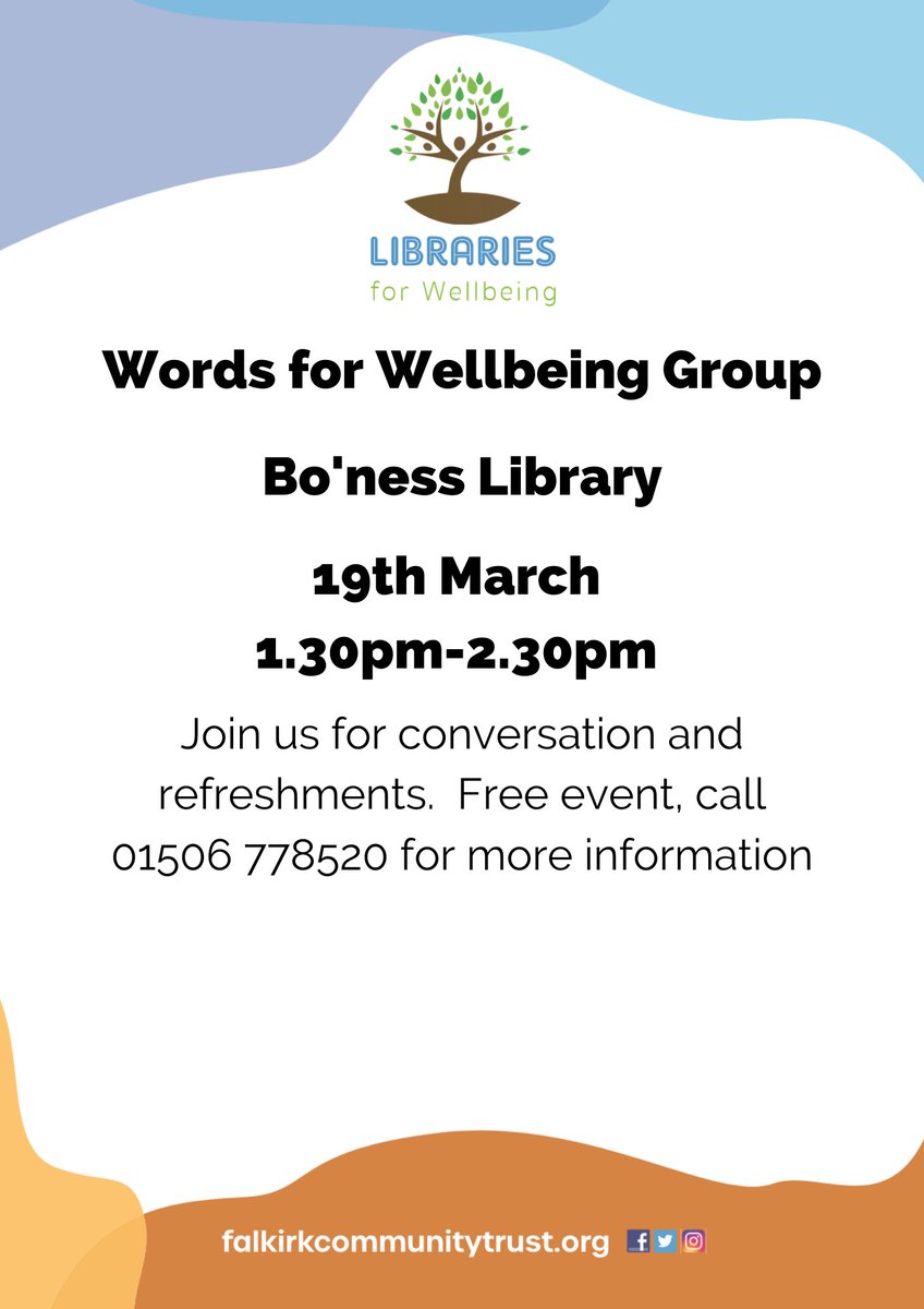 LibFalkirk's tweet photo. Bo'ness Library will be hosting a free Words for Wellbeing Group at 1.30pm today.  Join us for some conversation and refreshments. #Boness #FalkirkLibraries #WordsForWellbeing #LibrariesAreEssential #LibrariesForWellbeing https://t.co/QT8d1BcrgA