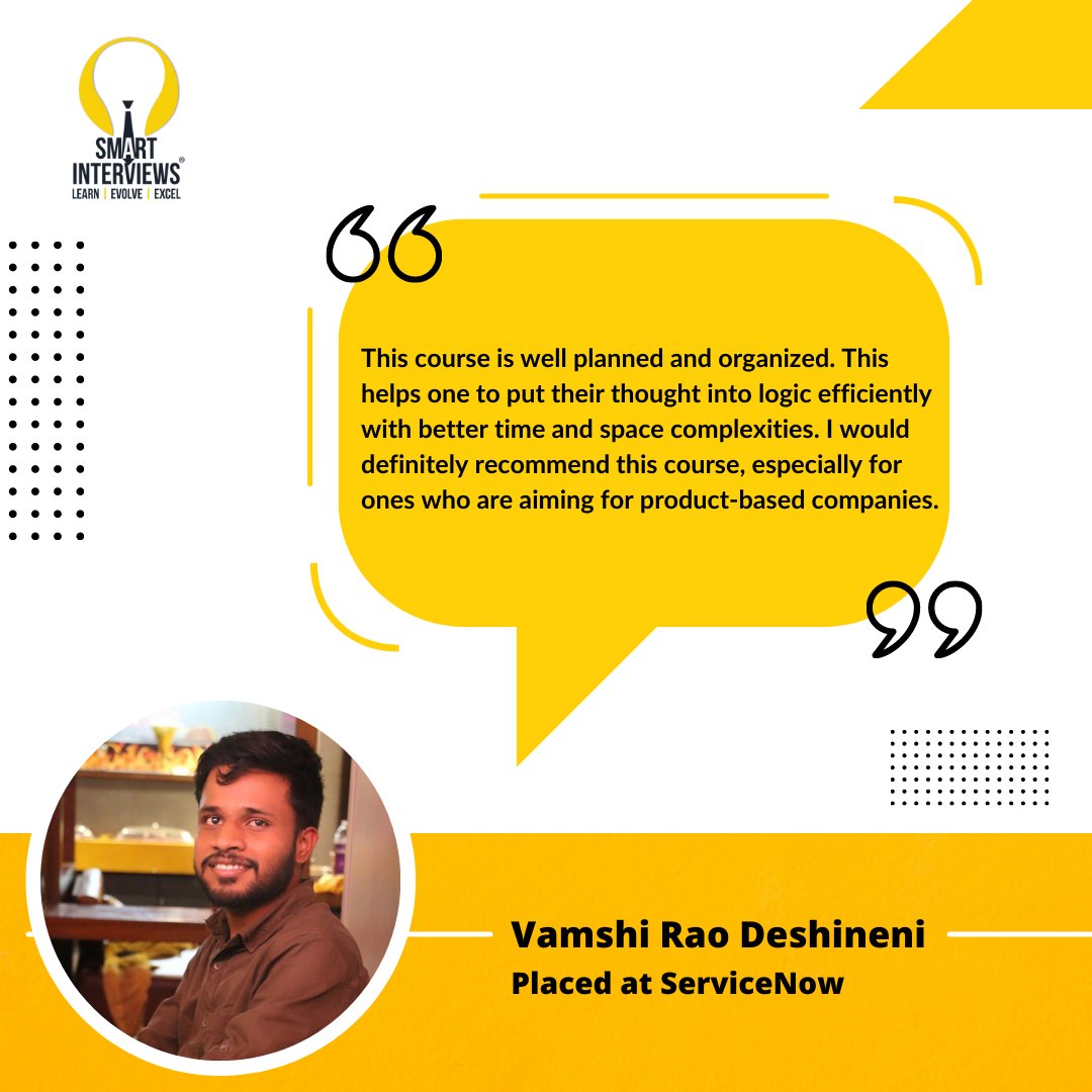 smart_interview's tweet image. The successful placements of our students inspire and motivate us greatly. We appreciate you taking the time to share your thoughts.
LinkedIn Profile - linkedin.com/in/vamshi-rao-…
#SmartInterviews #Placements #SmartCoder #ServiceNow #Alumni #Placed #DSA