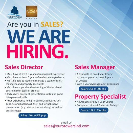 Euro_Towers's tweet photo. Join Us at Euro Towers International Inc.!

We are looking for Sales Directors, Sales Managers and Property Specialists for our Davao project.

Email your CV/Resume @ sales@eurotowersintl.com https://t.co/WsWpARgupY