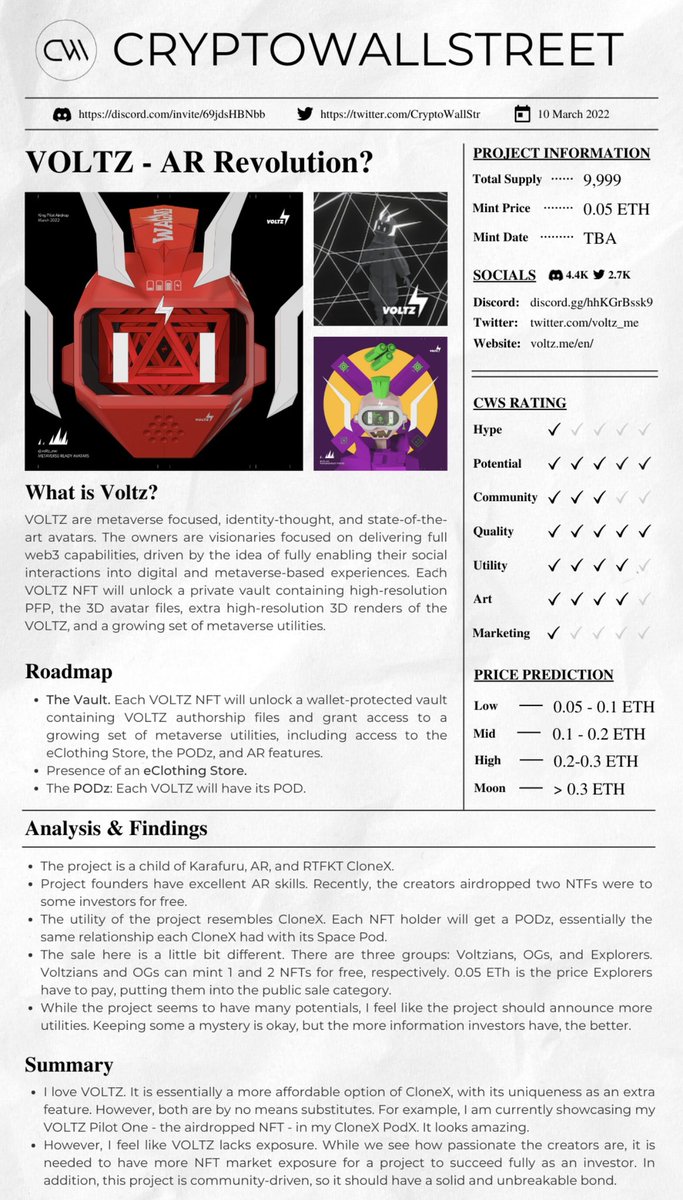 🎁 #NFTGiveaway 🎁

Wallstreet x Voltz

x1 free Helmet (0.24 ETH floor price and equals 3x WL spots) 
To Win:
1⃣ Follow <a href="/wallstreetgoods/">Wallstreet Goodies</a> &amp; <a href="/voltz_me/">⚡VOLTZ⚡</a> 
2⃣❤️+ RT, Tag 3 Friends
3⃣ Join: discord.gg/jtWtpKWRzw

You MUST join before the draw.

#NFTCommunity #NFT #NFTs