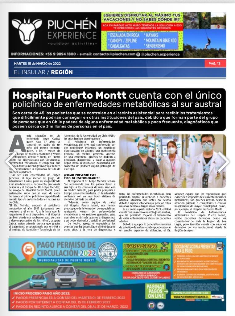 seremisalud10's tweet photo. [Prensa] 🗞"Hospital Puerto Montt cuenta con el único policlínico de enfermedades metabólicas al sur austral" destaca hoy el #ElInsular

🔹Cuenta con 2 neurólogos infantiles, 1 neurólogo especializado en adultos, una nutricionista. pediatra, un médico genetista y una enfermera https://t.co/iE6aKRfYnG
