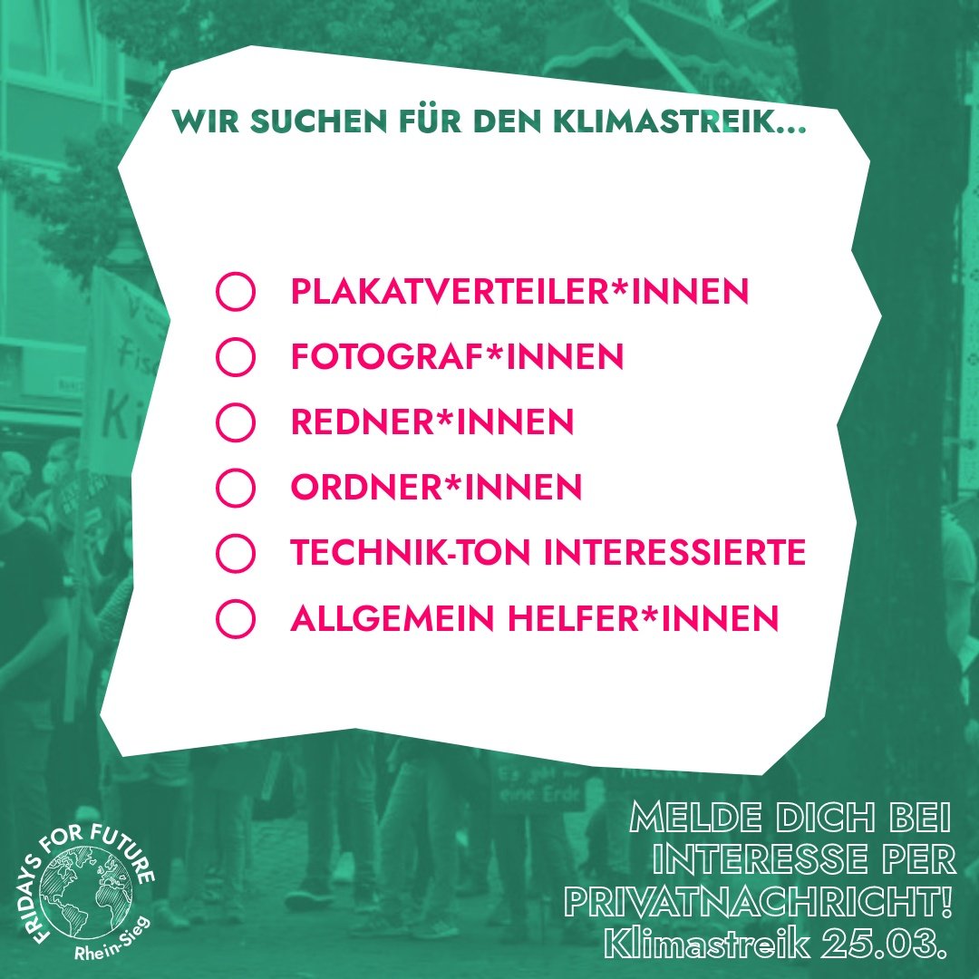 FFF_RheinSieg's tweet photo. ‼ Wir brauchen... ‼ 
Ordner:innen
Fotograf:innen
Ton-Technik Interessierte
Hilfe beim Aufbau
Mehr Infos auf: https://t.co/0ihsmedMqU

Wenn ihr könnt meldet euch bei uns per DM!💚📲 

Danke an alle die helfen/mitdemonstrieren!
☀️💪

#rheinsiegkreis #PeopleNotProfit https://t.co/pn4PMvZUm5