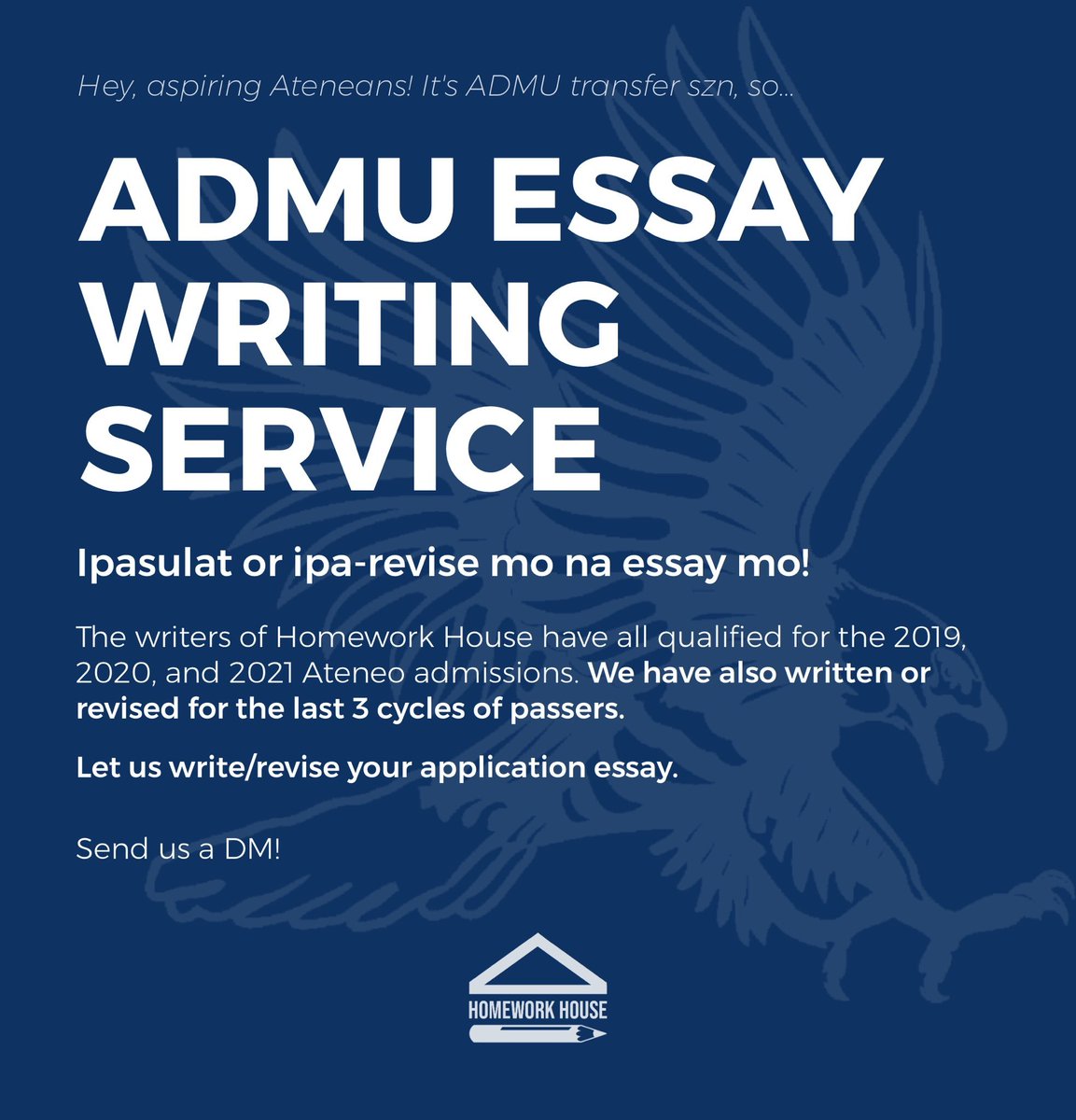 HomeworkHousePH's tweet image. 🦅 GUSTO MO PUMASA SA BLUE SCHOOL?

🖇 ipasulat o proofread mo na yan sa homework house ‼️🏠
🖇 dm for our services, rates, &amp;amp; sample works ‼️
🖇 a good essay could bag u a slot in ADMU😳

🖇 lf commissioner comm comms ateneo essay help homework clients client commstwt admission