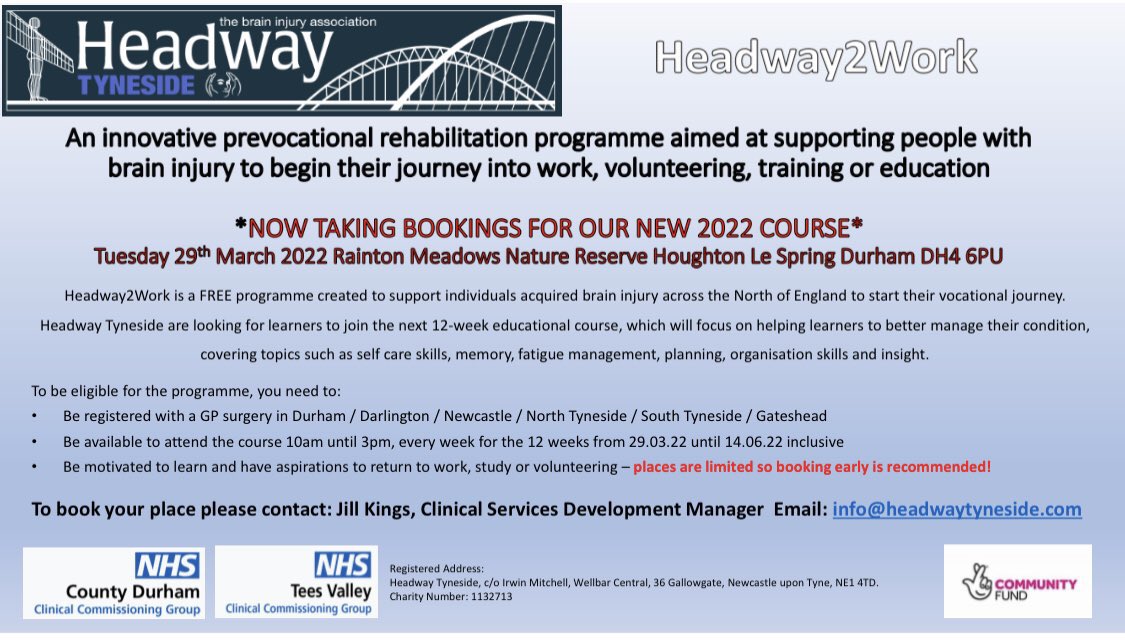 HeadwayTyneside's tweet photo. Calling colleagues in the Co Durham or Darlington area - we have FREE places left for #headway2work #prevocational course, each Tues 10-3 for 12 weeks from 29th March ๐คฉ @Holistic_Claire @patrickboydcm @AcflJenny @HeadwayCD @HeadwayDton @AndrewP_JSP @HelenKolster2 @LeeSimpson_1 https://t.co/gapDII7xLn