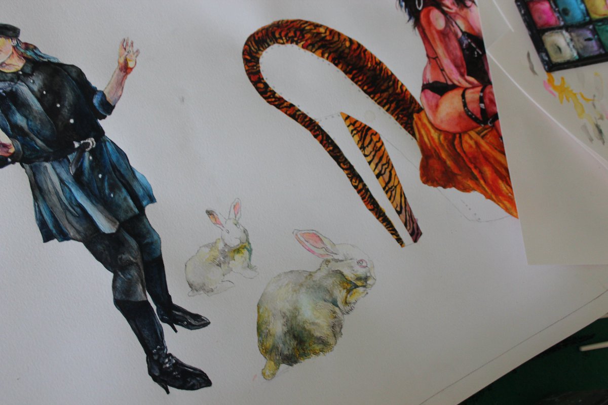 Painting rabbits listening to 'Oasis' <a href="/oasis/">Oasis</a>