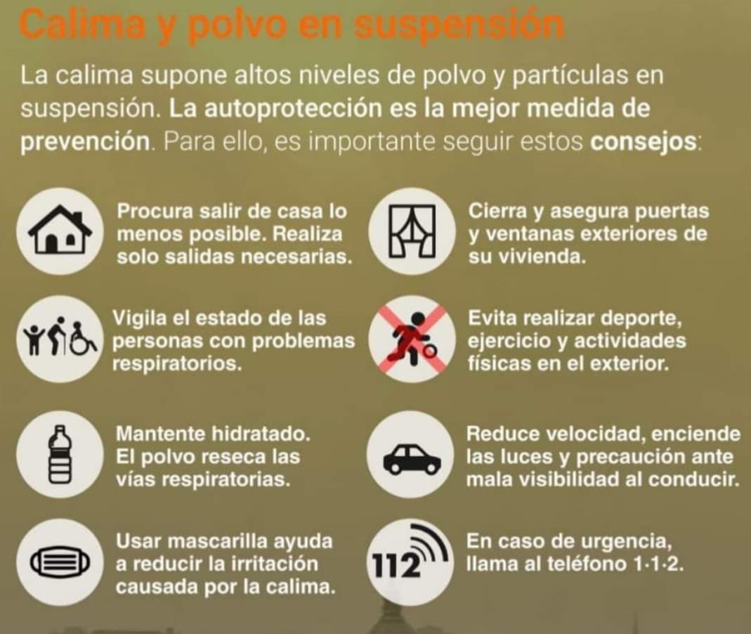 lavecinarubia's tweet photo. Recomendaciones de Protección Civil para la #calima #PolvoSahariano. https://t.co/PcLLu0TUiO
