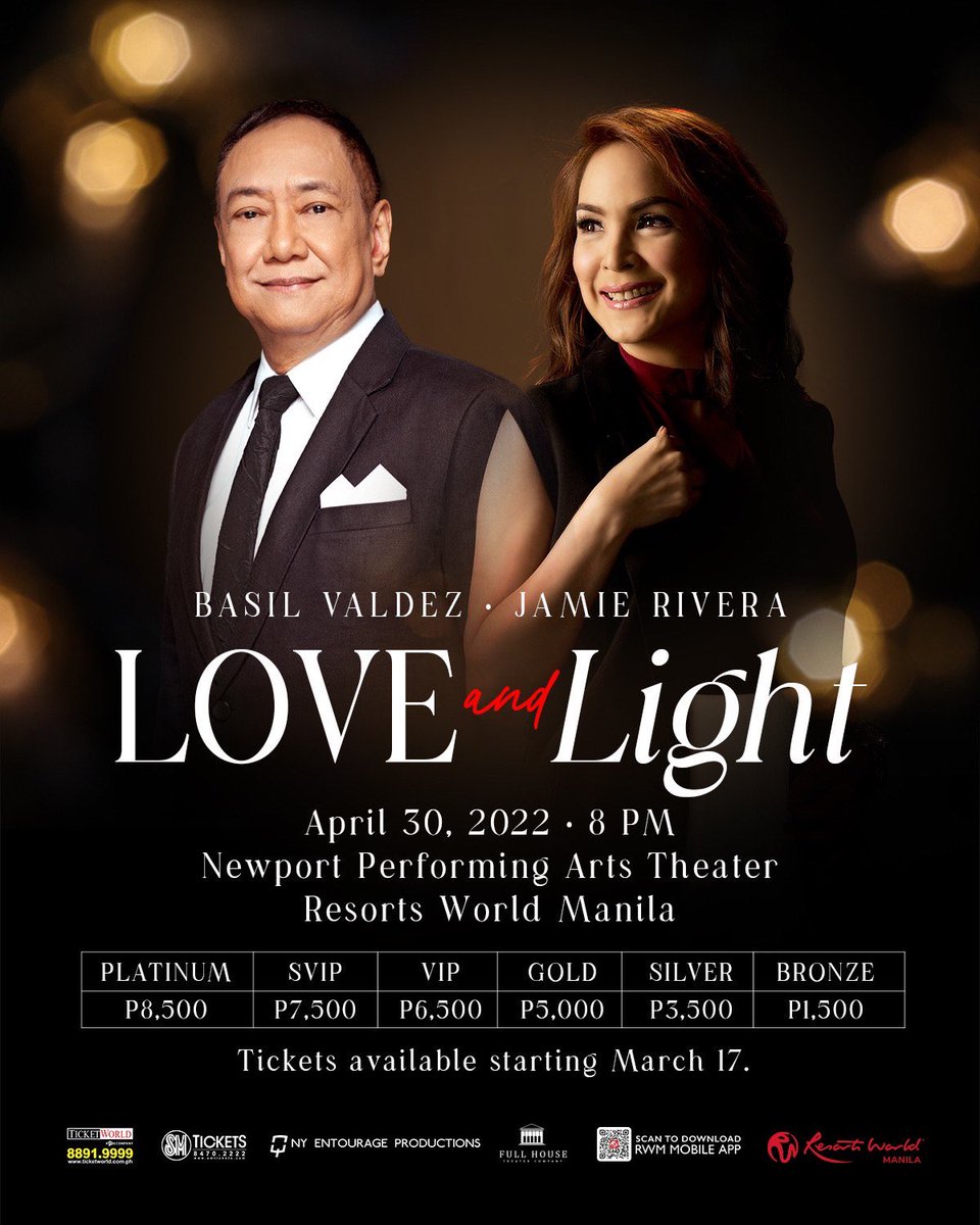 Experience LOVE AND LIGHT with <a href="/mrbasilvaldez/">Basil Valdez</a>  and <a href="/JamieRivera829/">Jamie Rivera</a> at the Newport Performing Arts Theater on April 30.
Tickets will be available starting March 17 via Ticketworld and SM Tickets. 

#RWManila #LoveAndLight
<a href="/NSYSHOWS/">NY Entourage Productions</a>