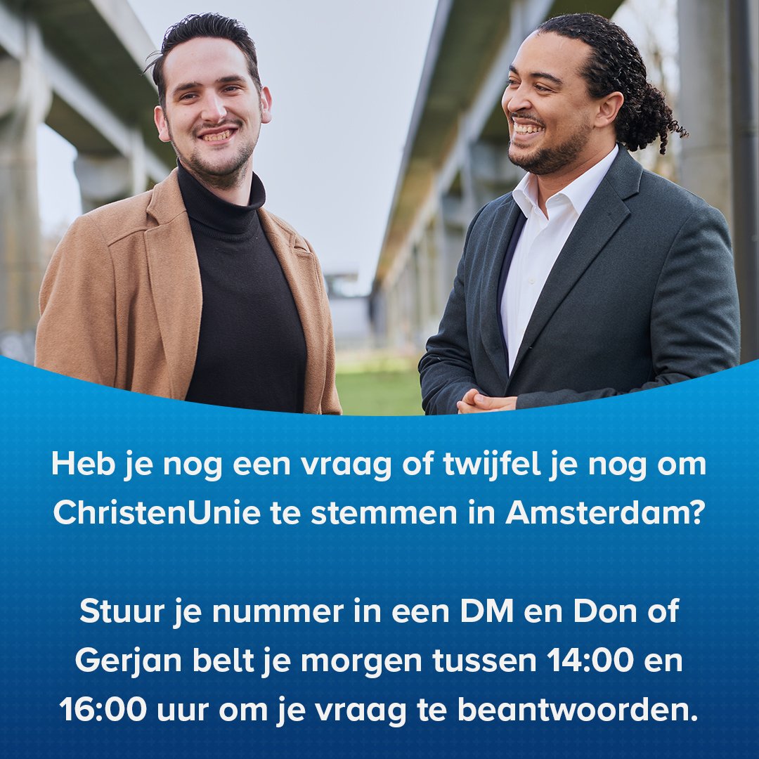 Twijfel je nog om op de ChristenUnie te stemmen? Of heb je nog een laatste vraag? Stuur je nummer via een pm. Woensdag tussen 14:00 en 16:00 uur belt Don of Gerjan je dan op om je vraag te beantwoorden. Elke stem telt dus we staan je graag te woord! 

#GR2022 #ChristenUnie