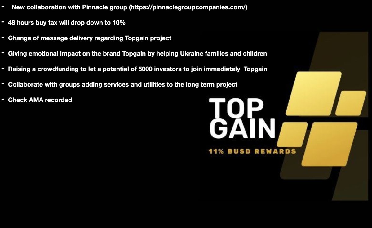 TopGainbsc's tweet photo. @TopGainbsc New Direction!! New Partnership!! For the next 48 hours buy tax will be set at 10% to let new investors to benefit of our huge rewards  #cryptotrading #cryptocurrency #BUSD #BSCGemsx100 #BSCGemAlert #BSCGems 
✅TG: https://t.co/ojlOMwusZd JOIN US https://t.co/Loy3Akp5Kb