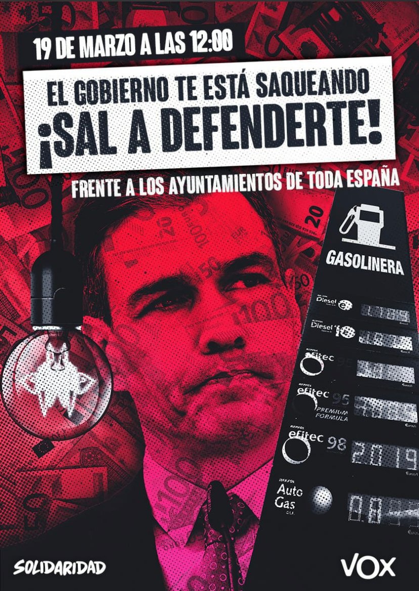 Vox_Toledo's tweet photo. 📣 El paro y los precios de la luz, del gas o de la gasolina por las nubes y, mientras, el Gobierno despilfarrando nuestro dinero 💶.

¡Por eso, el 19 saldremos a la calle 🪧!

🟢 Será a las 12h en los Ayuntamientos de:
➡ Toledo.
➡ Talavera.
➡ Ocaña.
➡ Quintanar de la Orden. https://t.co/VRH8uVD4vO