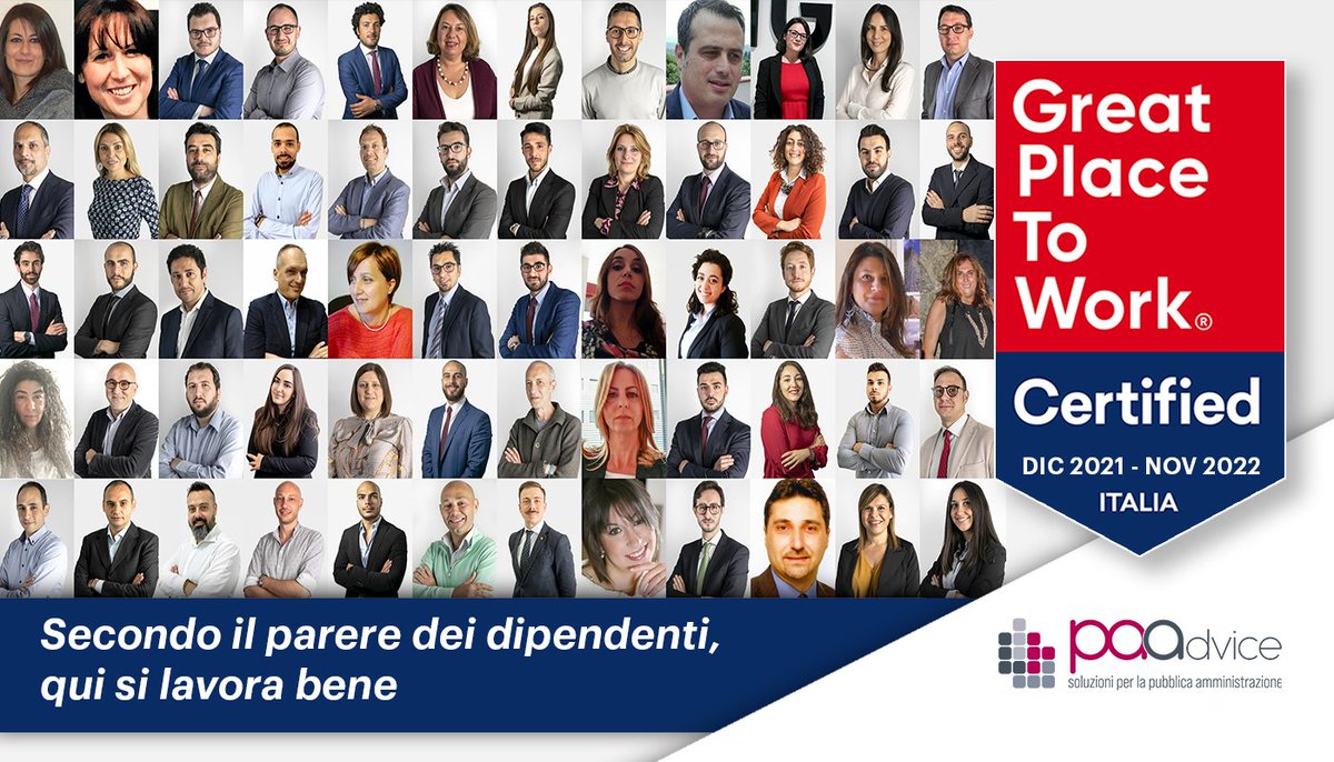 Orgogliosi di annunciare che <a href="/PAAdvice/">PA Advice</a> ha ottenuto la certificazione #GreatPlaceToWorkItalia. La nostra azienda è un bel posto in cui lavorare grazie a tutte le persone di valore che ogni giorno insieme a noi raccolgono la sfida di disegnare la #PA del futuro.
 #gptwcertified