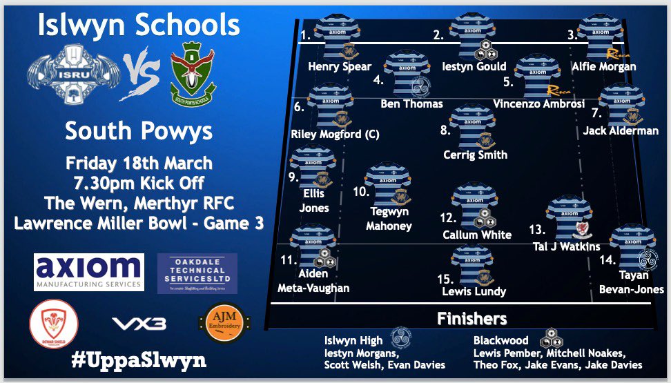 ISRU15s's tweet photo. Squad Announcement 📢 

🗓️ Friday 18th March 
🆚 @SPowysSRU 
🏟 @RFCMerthyr 
🏆 @LMillerandCo Bowl - Round 3 
🏉 7.30pm KO
⏰ 6:30pm Players Meet

All players to wear Islwyn Waterproof, T-Shirt, Joggers to the game - Polo &amp; Jeans after the game!

#IslwynRugby | #UppaSlwyn 🔵🏉 https://t.co/CJ7s1Cytit