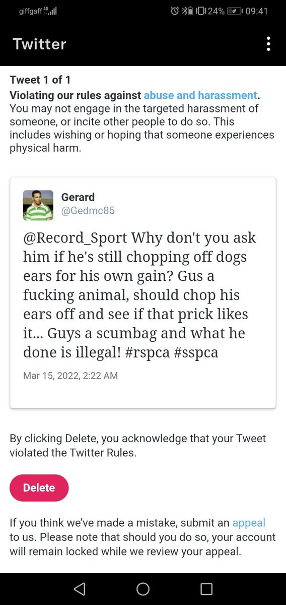 I don't see how this violated any Twitter rules... This guy has knowingly chopped a dog's ears off taking NO CONSIDERATION for that animals wellbeing. Eye for an eye. #jamestavernierisascumbag @Record_Sport how about you hire journalists that don't hide behind puff pieces!