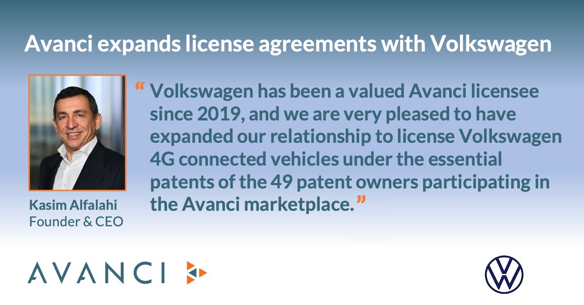 #ICYMI: Last week our <a href="/AvanciCompany/">Avanci</a> colleagues announced expanded agreements with <a href="/VW/">Volkswagen</a>, a long time licensee. Avanci has 30+ auto brands licensed through its independent marketplace, with more than 40m #connectedvehicles licensed around the world.
More at bit.ly/AvanciVW4G