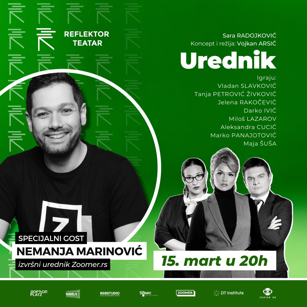 reflektorteatar's tweet photo. Specijalan gost u večerašnjem izvođenju predstave #Urednik je NEMANJA MARINOVIĆ, urednik portala @zoomer_rs
U prvoj sceni predstave novinarka Vera (glumica: Jelena Rakočević) intervjuisaće Nemanju Marinovića. Njena pitanja su unapred napisana, ali odgovori nisu.
Dobrodošli/e! https://t.co/8nolp1DTrS