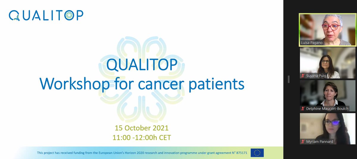 🔵QUALITOP Workshop for #cancerpatients just started!  

Luisa Pagano, moderator of the event, is now introducing the topic. 

You can still participate 👉bit.ly/3ITH1S5