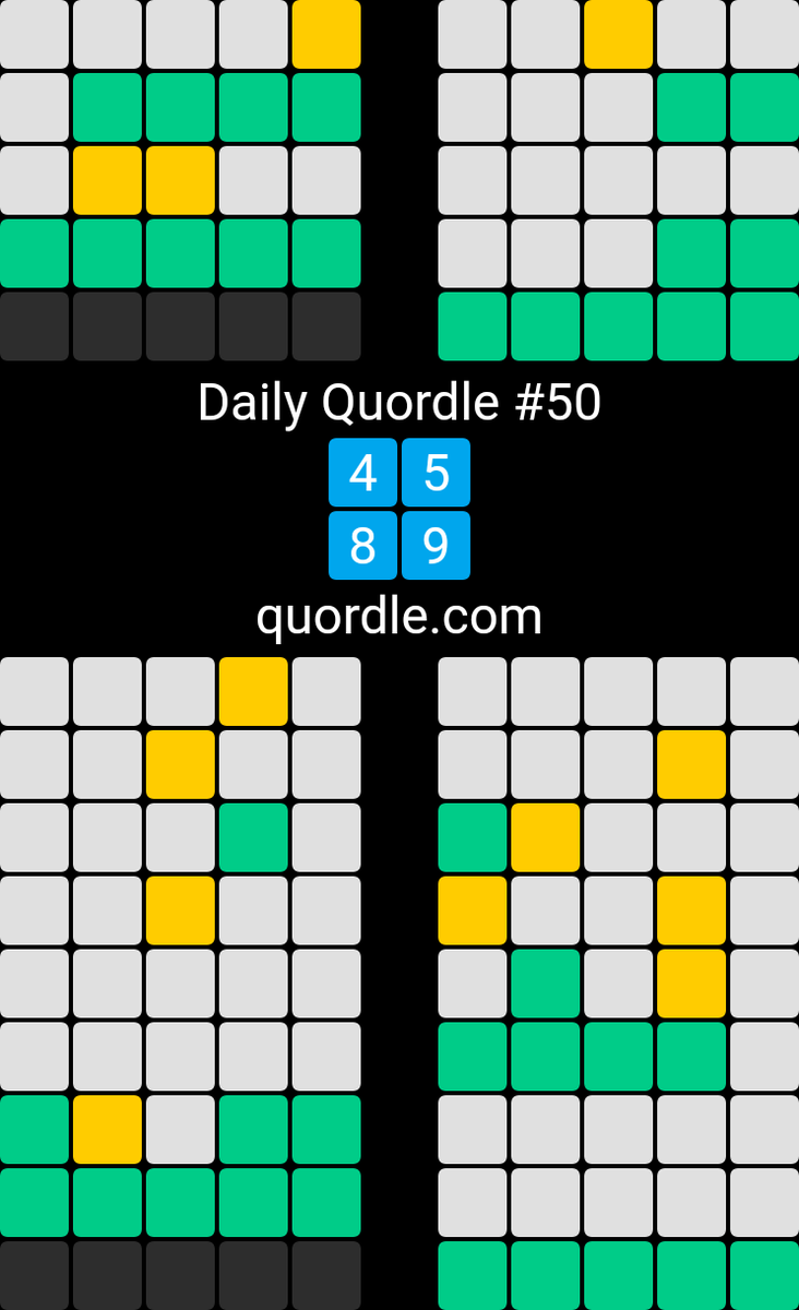 Daily Quordle #50
4️⃣5️⃣
8️⃣9️⃣
quordle.com