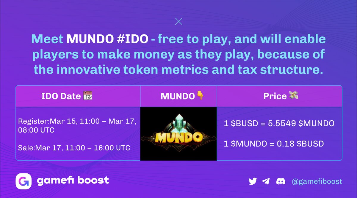 gamefiboost's tweet photo. 🔊@mundo_mmorpg #IDO‼️

Players can sell💵 things they've discovered, produced, or earned in the game to each other here☝️

📝 Register:Mar 15, 11:00 – Mar 17, 08:00 UTC
💰 Sale:Mar 17, 11:00 – 16:00 UTC

#NFTGame #GameFi #BlockchainGaming #NFTs

https://t.co/o5vTYZTVjM https://t.co/MY0tXpR37L