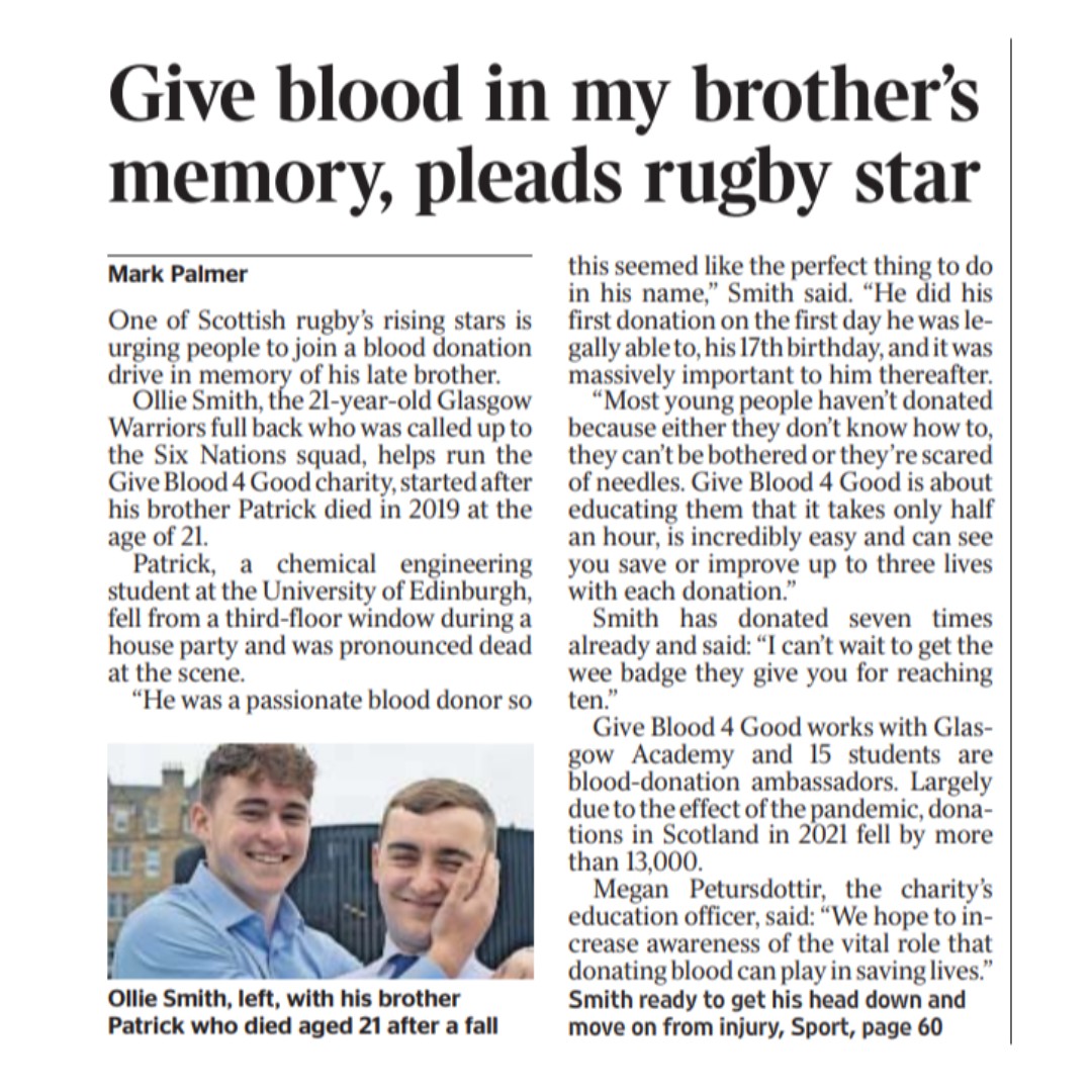 giveblood4good's tweet photo. A lovely article was published in The Times (Scotland) this morning where Patrick's brother, Ollie Smith, uses his rugby platform to raise awareness about blood donation and encourage more people to give blood 💜

#BloodyBrilliant #WeStanPatzo https://t.co/gx5xdyOfqz