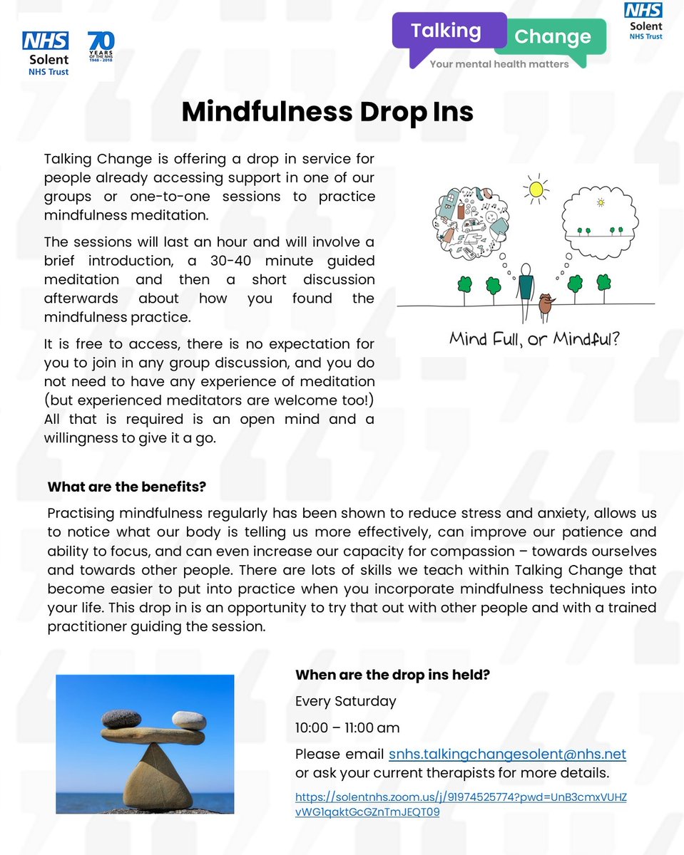 TalkingChange_'s tweet photo. Just a reminder that we run a Mindfulness Drop In session between 10am and 11am every Saturday, for current patients of our service.

If you would like to take part, please email us or speak with your therapist.

#mindfulness  #talkingchange #iapt #mentalhealth https://t.co/PNc6UNKsrU