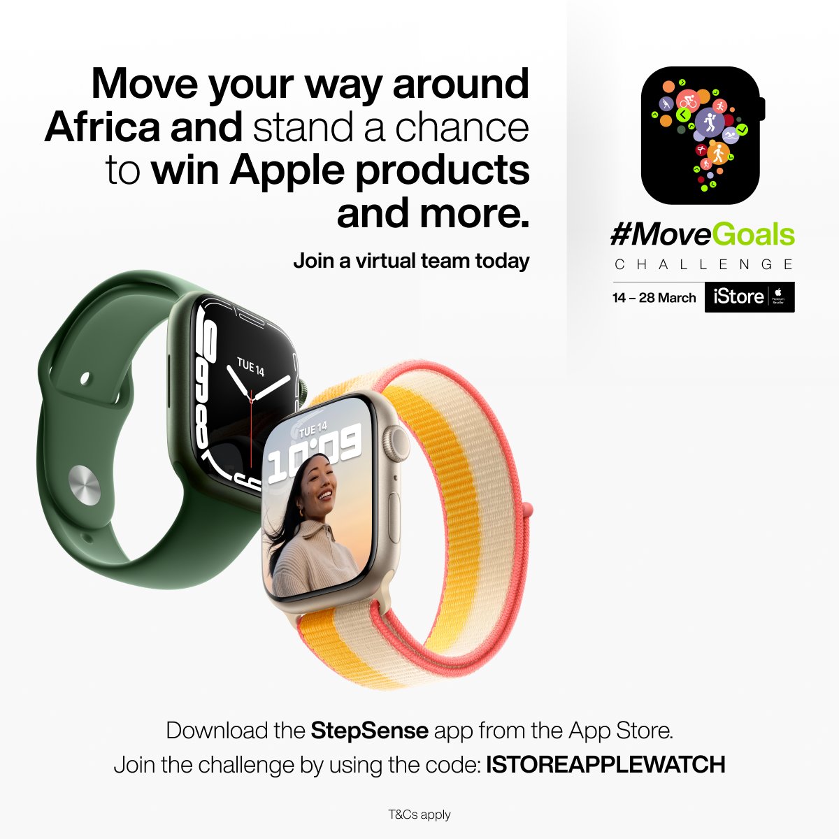 MyiStoreSA's tweet photo. Get moving with iStore and Apple Watch! Join the #MoveGoals Challenge, smash your #MoveGoals and stand a chance to win. Join a virtual team today by downloading the StepSense App and using the code: ISTOREAPPLEWATCH. T&Cs apply. Sign up today: https://t.co/vpThGGYh7q https://t.co/069F21j0D9