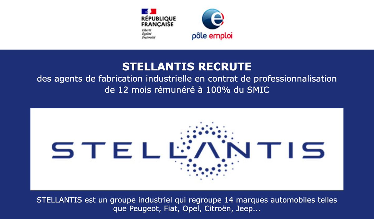 [#AvecPôleEmploi] 📣 <a href="/StellantisFR/">Stellantis France</a> recrute des agents de fabrication industrielle en contrat de professionnalisation de 12 mois rémunéré à 100% du SMIC 🚀

📅 le mercredi 30 mars
🕐 de 9h à 10h

Participez au webinaire📲💻⏩ plmpl.fr/c/e8m62

#TousMobilisés