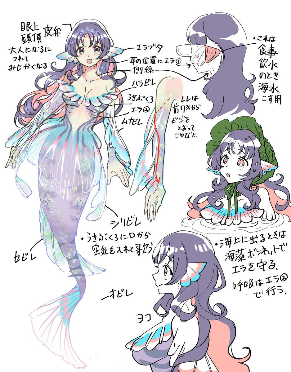 読み切り用に無駄にカラーで作った魚類な人魚ちゃんと雨巫女キツネちゃんのキャラデザ🧜‍♀️🦊 https://t.co/91dcybhP6I 