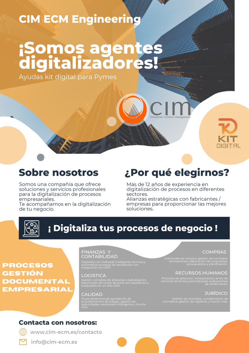 cim_ecm's tweet photo. ¡Somos Agentes Digitalizadores! Automatiza tus procesos de negocio con nosotros y benefíciate de la ayuda de KIT DIGITAL. No dudes en ponerte en contacto con nosotros en los enlaces que figuran al pie de la imagen.
#KitDigital #AgenteDigitalizador #pymes #bonoDigital https://t.co/AFsHM5LgIV