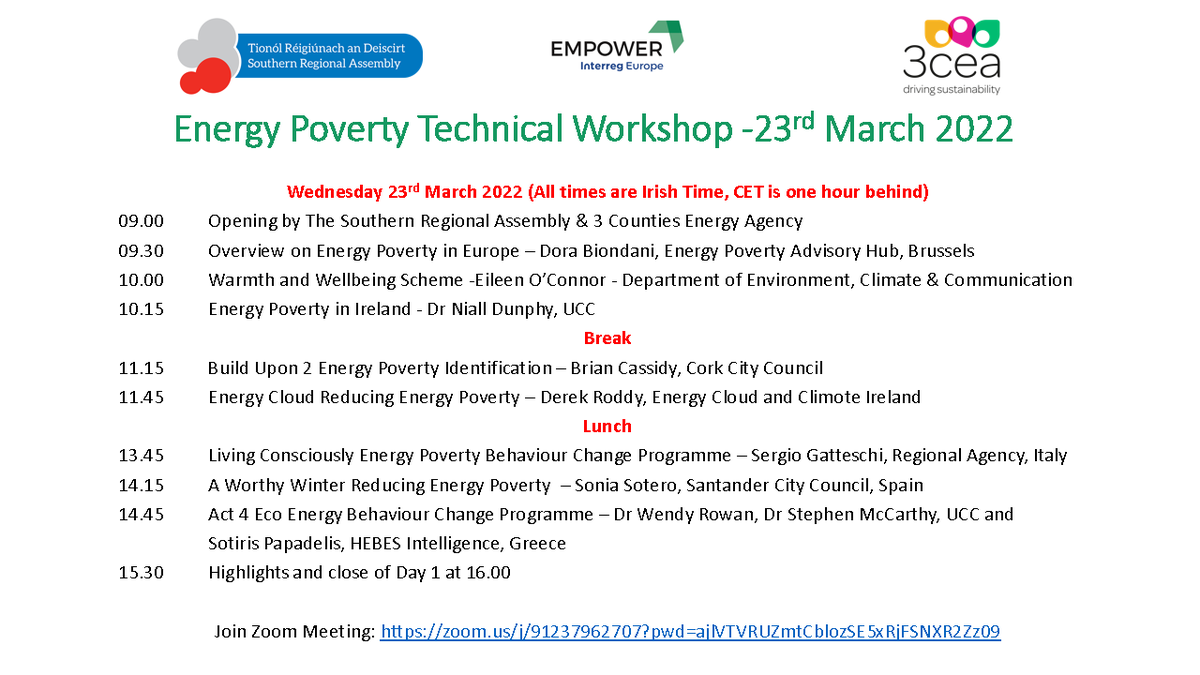 Southern Regional Assembly (@southernassembl) on Twitter photo Learn about how to identify, reduce and create behaviour change programmes to address energy poverty and join us and @3CEAgency <a href="/InterregEmpower/">Empower Interreg EU</a> <a href="/EPAH_EU/">EU Energy Poverty Advisory Hub</a> and <a href="/UCC/">UCC Ireland</a> on 23rd March 2022
Link: ow.ly/oVTr50IgTc7 Learn about how to identify, reduce and create behaviour change programmes to address energy poverty and join us and @3CEAgency <a href="/InterregEmpower/">Empower Interreg EU</a> <a href="/EPAH_EU/">EU Energy Poverty Advisory Hub</a> and <a href="/UCC/">UCC Ireland</a> on 23rd March 2022
Link: ow.ly/oVTr50IgTc7