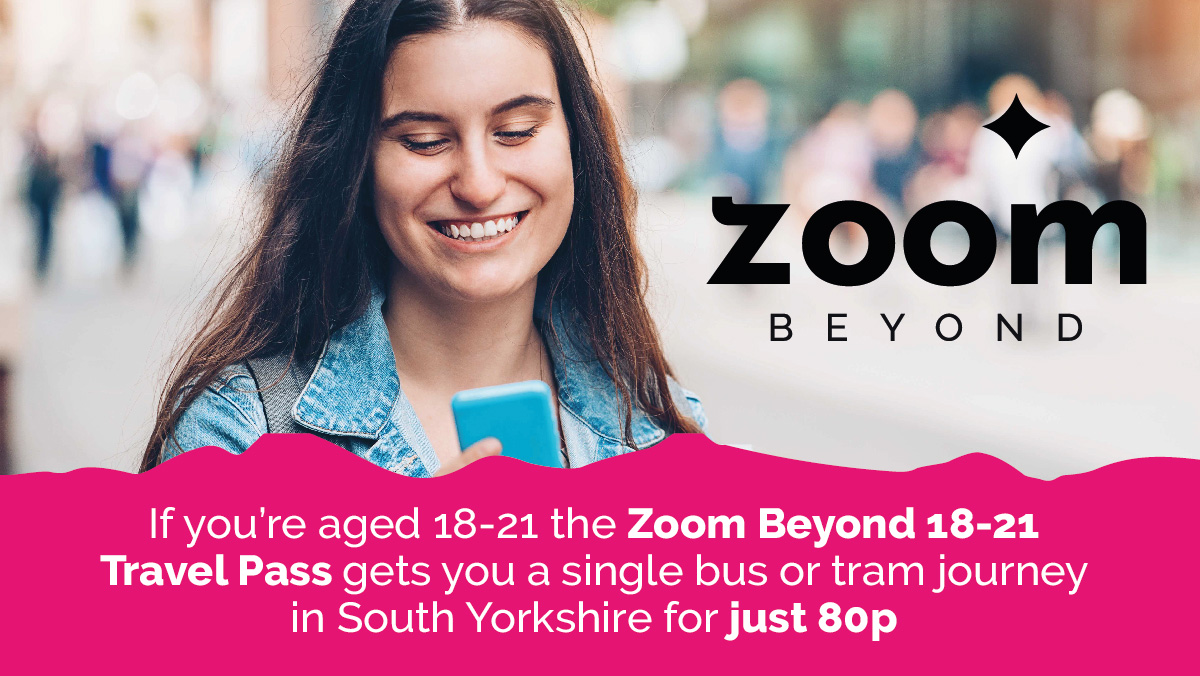 TravelSYorks's tweet photo. 3…2…1…Zoom! If you’re aged 18-21 the #ZoomBeyond Travel Pass gets you a single bus or tram journey anywhere in #SouthYorkshire for just 80p. Apply now for a free Zoom Beyond pass and get ready to go further: https://t.co/RMI0U30nhH https://t.co/UORCCaTjty