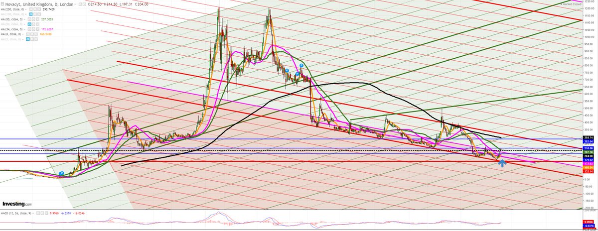 thecitymile's tweet photo. #NCYT $ALNOV

Whenever price crosses the PINK downtrend it tends to move one of the next downtrend red lines.

Breaking R1 BLUE at 219, we will see 255, then 286 and a test of R" BLUE and the 200DMA.

Biosynex are accumulating as RNS'd.

BREAK of 300p then 550 - 600p https://t.co/kVUqWRFtF9