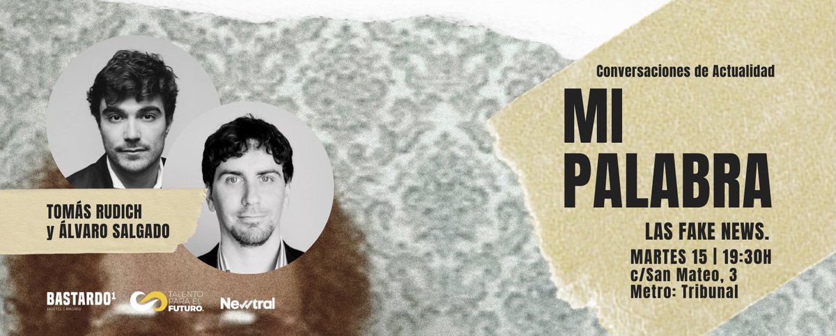 Hoy a las 19.30h tenemos Conversaciones de actualidad: Mi Palabra | Las Fake News con <a href="/TomasRudich/">Tomás Rudich</a> y <a href="/alvarosalgado_/">Álvaro Salgado</a> 🍻 
¡No faltéis!🙌🏻
