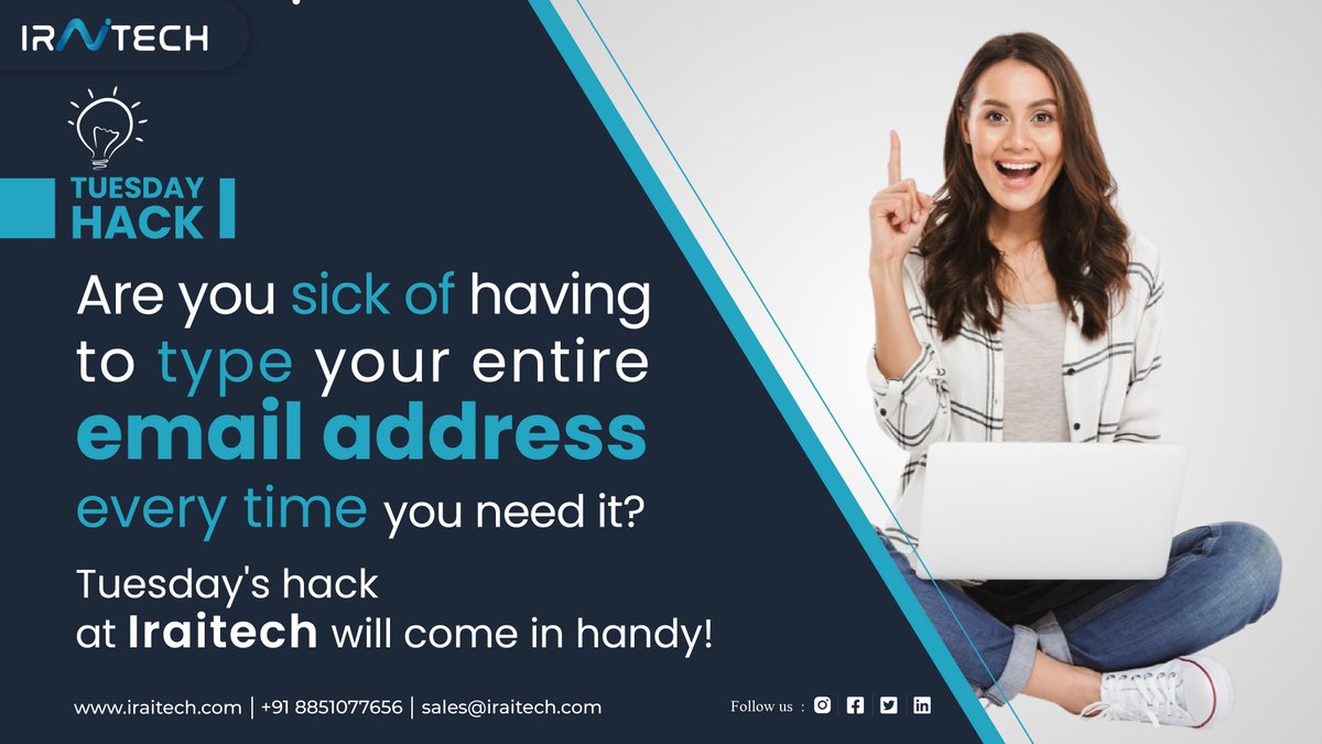 Iraitechteam's tweet photo. Do you keep #typing and typing your complete #email address every time you need to provide it? By assisting you with a #hack, #Iraitech assists you in cutting a shortcut. Set @@ as your keyboard's shortcut to your email, and whenever you need it, simply hit @@. https://t.co/cn3qW2vWKQ