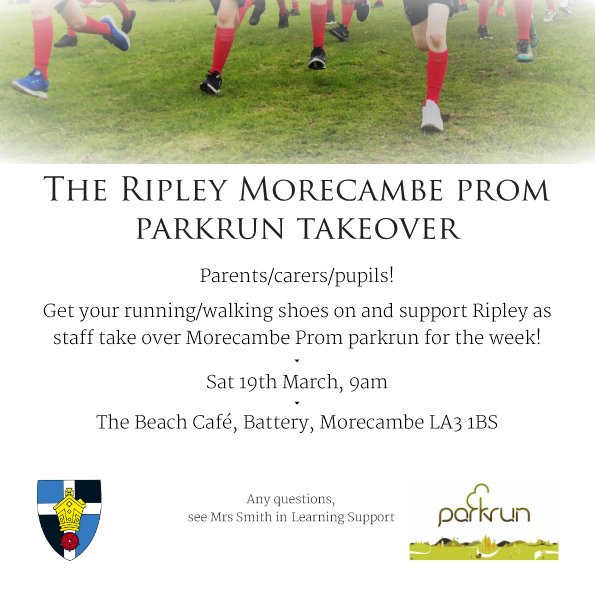 This Saturday! One last push... Ripley staff takeover Morecambe parkrun! All welcome...
Get your barcode here:
parkrun.org.uk/register/
parkrun.org.uk/morecambeprom/
#morecambeparkrun
#ripleymorecambeparkruntakeover
<a href="/thesixthform/">The Sixth Form at Ripley St Thomas</a>