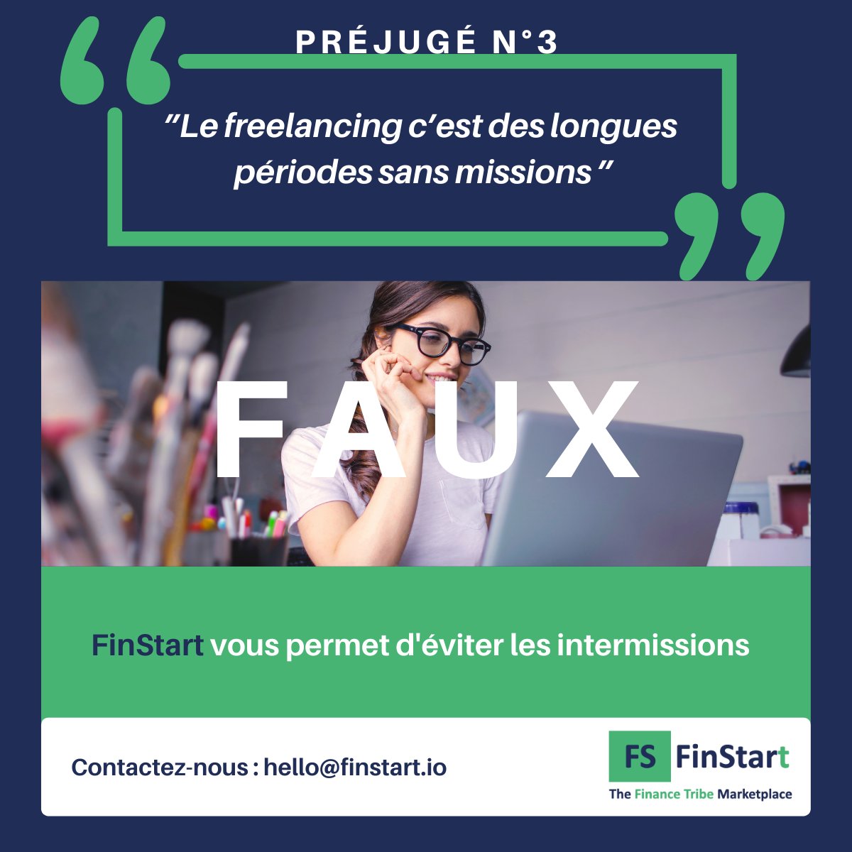 FinstartI's tweet photo. PRÉJUGÉ N°3 
FAUX, les entreprises ont constamment des besoins et font continuellement appel à des #freelances pour y répondre. 
 @FinstartI vous évite les intermissions grâce aux nombreuses missions proposées chaque mois sur notre plateforme. 
Go : https://t.co/qH0DsFDKpX https://t.co/Vx2jyqdpyN