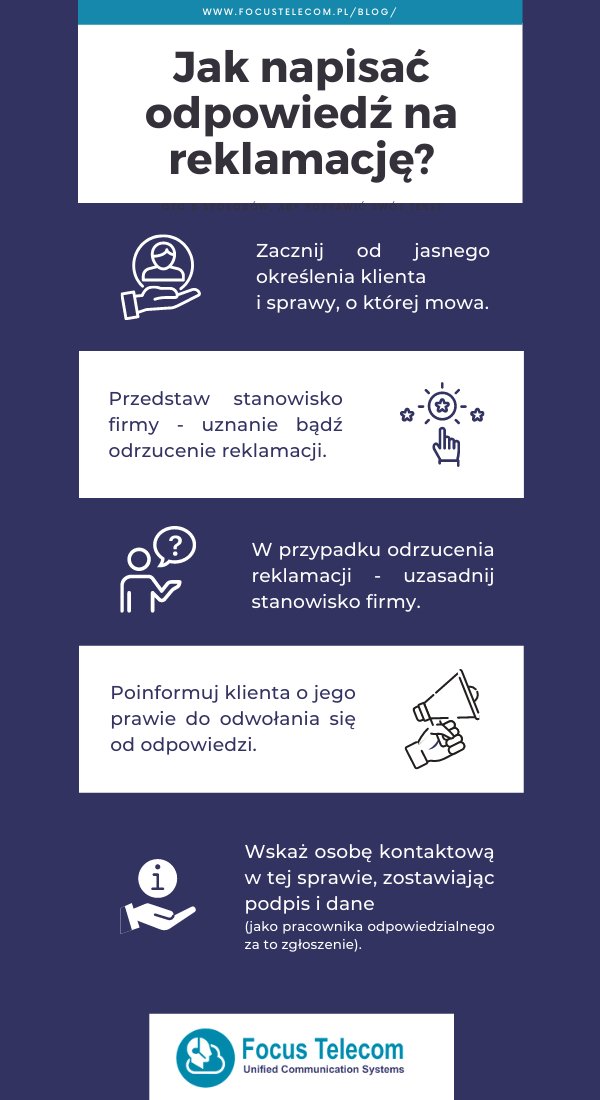 Focus_Telecom's tweet photo. Co powinna zawierać odpowiedź na reklamację? Jak ją napisać?

#infografika #obsługaklienta https://t.co/b8jP2NfpfX