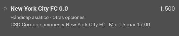IngTips's tweet photo. 💢Pick del Dia💢
Handicap Asiatico New York City FC 0.0
Comunicaciónes VS New York City
Cuota 1.5
Stake 5

#parley #picks #Apuestas #apuestasdeportivas #caliente https://t.co/kwA4NhBvll