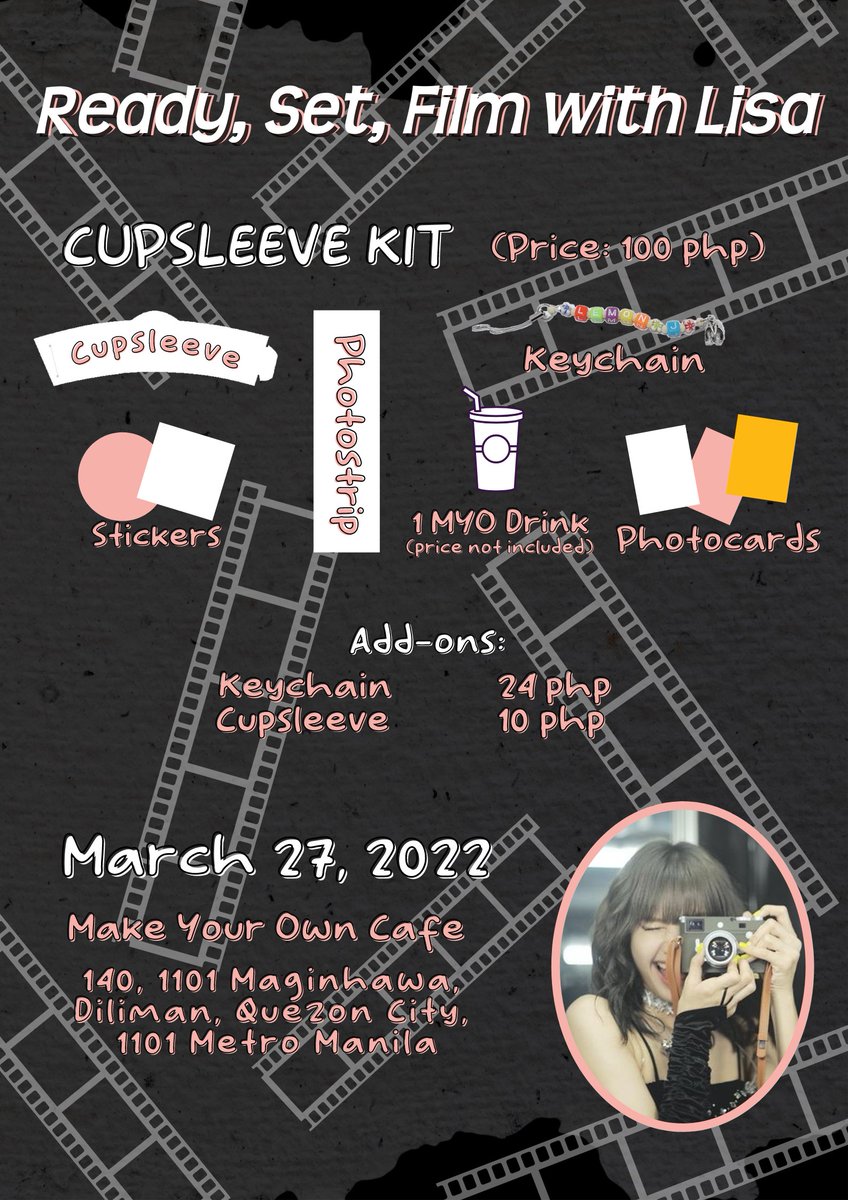 🍋Ready, Set, Film wit Lisa #FilmingWithLili🎬🎟️

Come and join us on the 27th to celebrate BLACKPINK's LISA! 

Price: 100 php
When: March 27, 1:00 - 5:00 PM
Where: Make Your Own cafe - Maginhawa
RSVP Form: form.jotform.com/220713732890051