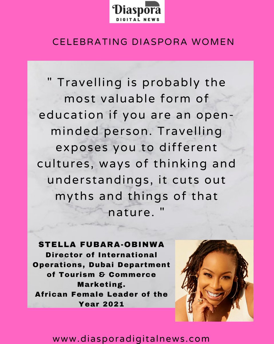 diaspora_news's tweet photo. DAY15: Celebrating @FubaraStella for her visionary leadership &amp; immense contribution towards development of the global travel and tourism sector.
#diaspora 
#BreakTheBias 
#March4DiasporaWomen 
#IWD2022 
#diasporadigitalnews 
#Nigeria 
#travel
#tourism
#InternationalWomensMonth https://t.co/OLhKXqw4QT