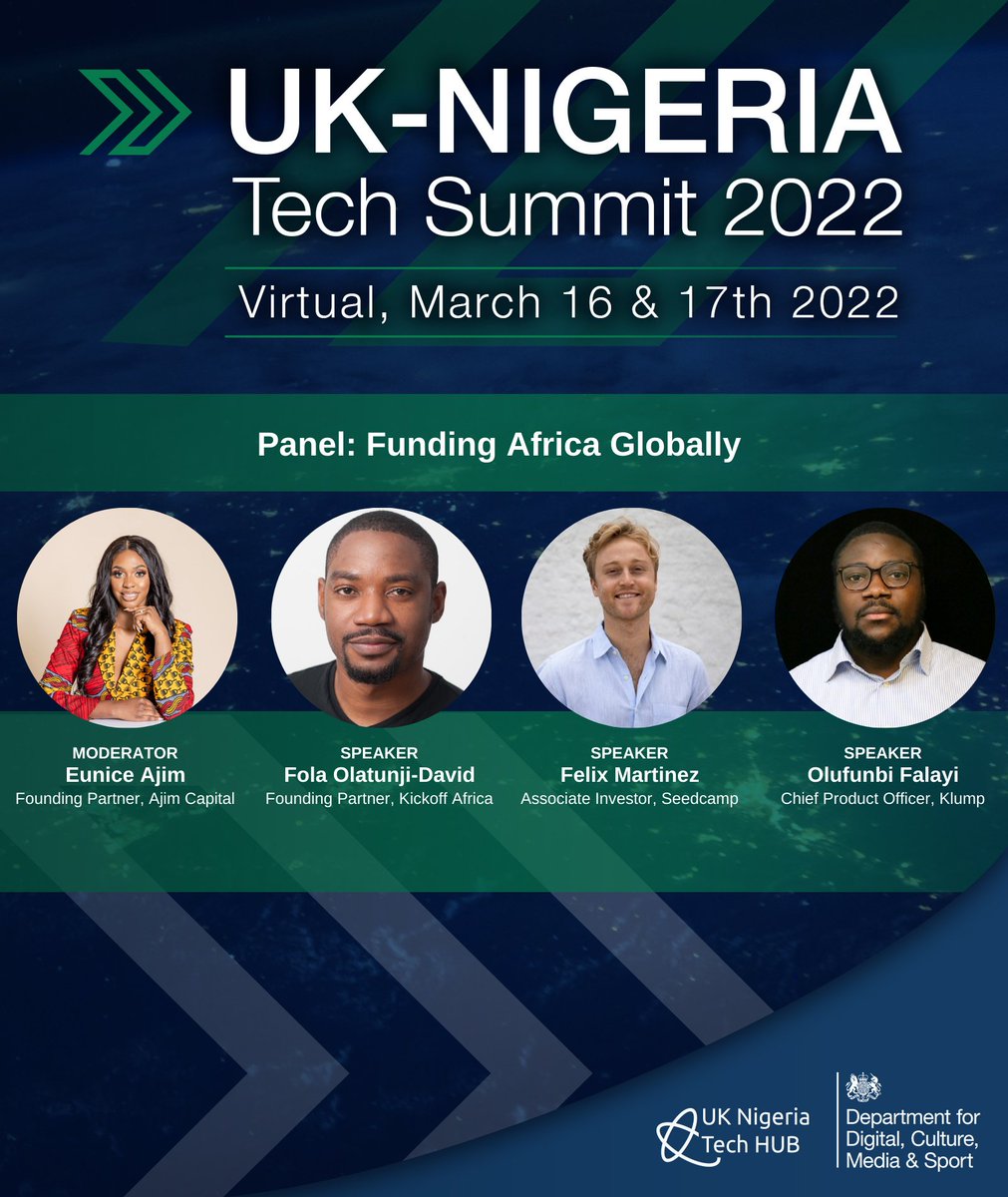 UK-Nigeria Tech Summit 🇳🇬🇬🇧

🚨 Panel Announcement 🚨

Funding Africa Globally

Tune in for the amazing panel with: 

<a href="/euniceajim/">Eunice Ajim</a> - @AjimCapitalNA 
<a href="/folasanwo/">Fola Olatunji-David</a>
<a href="/felixjmartinez_/">Felix Martinez</a>  - <a href="/seedcamp/">seedcamp</a>
<a href="/olufunbi1/">Olufunbi Falayi</a> - <a href="/UseKlump/">Klump</a>