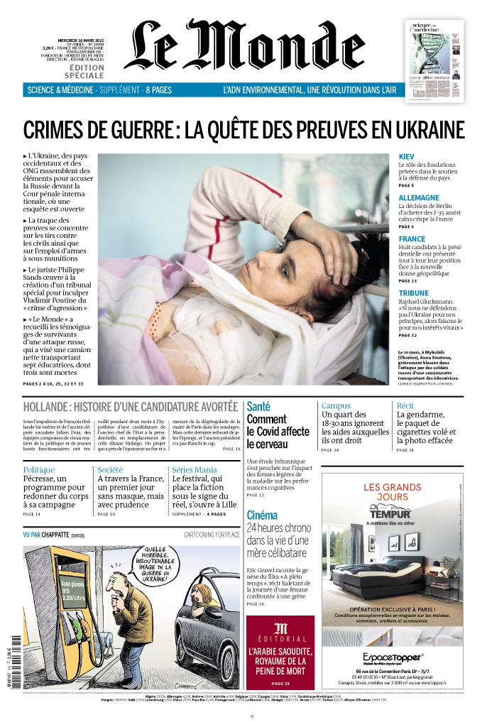 #ALAUNE

➡ #Ukraine : la quête des preuves de crimes de guerre
➡ #Présidentielle2022 François Hollande : histoire d'une candidature avortée
➡ Comment le #Covid19 affecte le cerveau

Voici la une du « Monde » bouclée à l'instant et en kiosque dès cet après-midi.