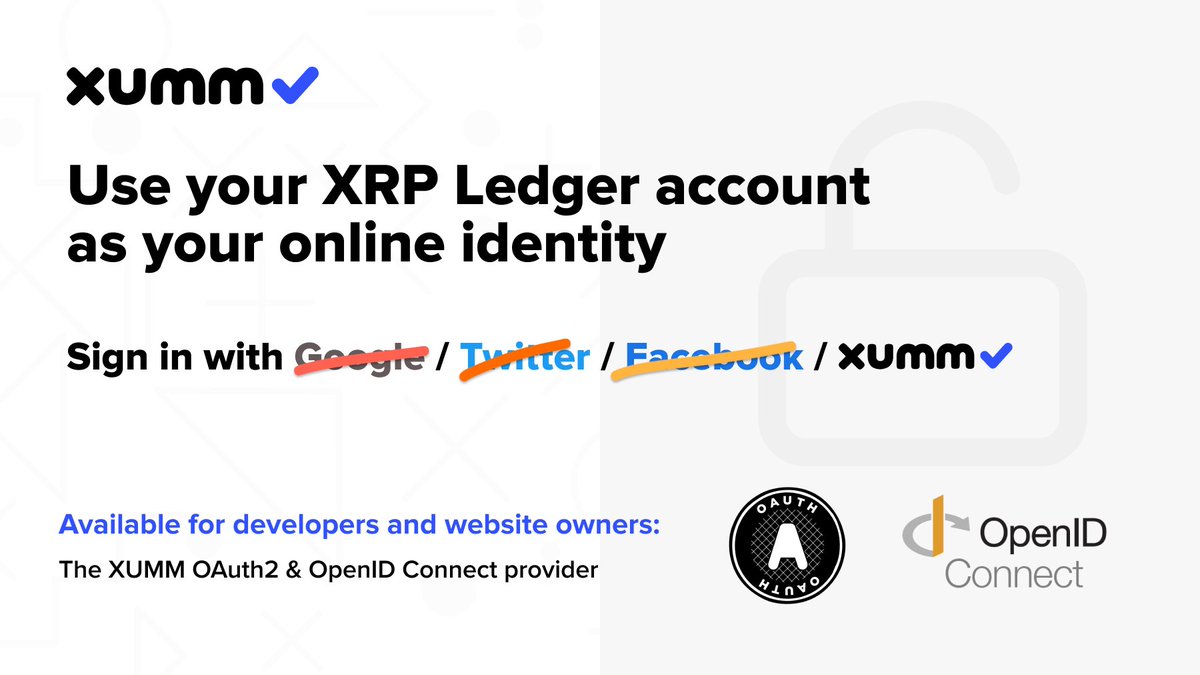 Use your XRP Ledger account as your online identity 🔒

Available for developers &amp; website owners: XUMM OAuth2 / OpenID Connect provider.

Familiar with those "Sign in with ..." Google/Twitter/Facebook / ...? Now that can list XUMM as well. "Sign in with XUMM / your XRPL account.