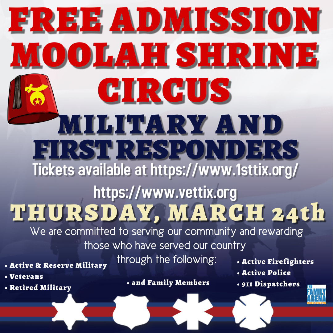 moolahcircus's tweet photo. Vet Tix provides tickets to all branches of currently-serving Military and Veterans, including immediate family of troops KIA.
https://t.co/AnmwQLXXwX
Moolah Shrine Circus! 
Join the fun and excitement. 
#circus #familyarena #entertainment 
#firstresponders #military https://t.co/Vi5k1bW1kr