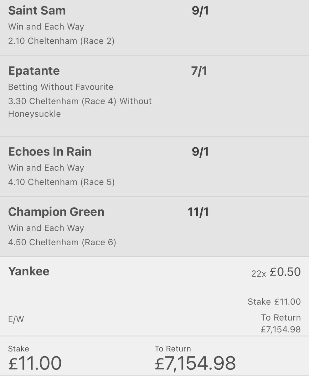 If todays Cheltenham Festival EW Yankee wins, I’ll give someone who retweets this post £154.98

Must follow <a href="/TBettingEdge/">The Betting Edge</a> 
Retweet🔁