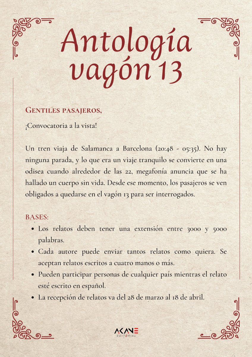 AkaneEditorial's tweet photo. ANTOLOGÍA VAGÓN 13 🚆

BASES: https://t.co/SVdzfYBhJ8 https://t.co/kKkwXUSHl3