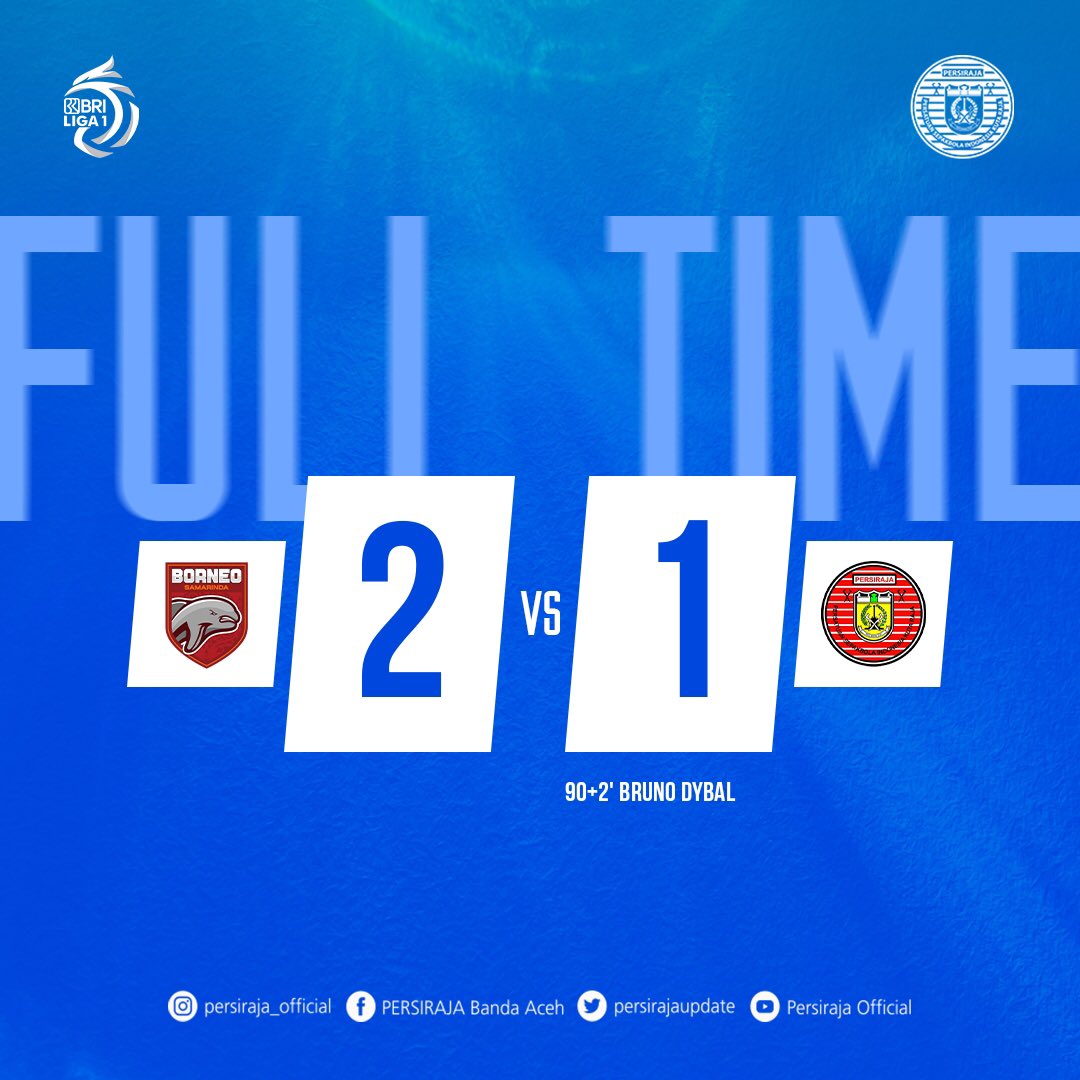 persirajaupdate's tweet photo. FULL-TIME

BORNEO FC 2-1 PERSIRAJA

⚽ Bruno Dybal 90+2'

Pertandingan selesai dari Stadion Kapten I Wayan Dipta

#PERSIRAJA 👑 #LaskarRencong #BRILiga1 #DukungDariRumah https://t.co/WeW6qllJCU