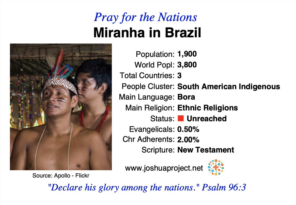 Unreached People Group focus of the week is the Miranha of Brazil. Pray, give, and go until all have been reached.
