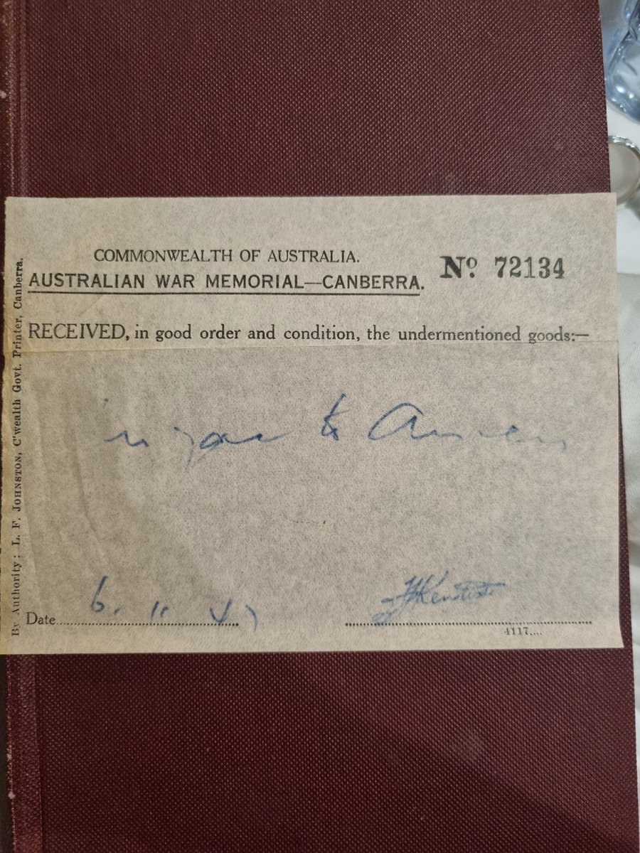 Alison00042's tweet photo. @AWMemorial picked up an original  copy of C.E.W Beans's Anzac to Amiens in a used bookshop today. It came complete with the original receipt tucked into the pages! Owing an original Bean publication is a dream come true 😄 https://t.co/WtW3tidR38