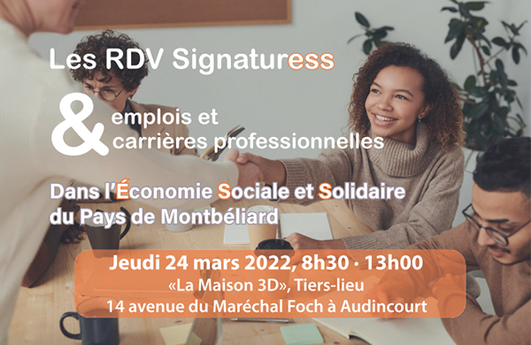 CressBFC's tweet photo. 📅📌Les RDV SignaturESS : Jeudi 24/03/22 à Audincourt. La @CressBFC et ses partenaires et adhérents du @paysmontbeliard organisent un évènement original ouvert à tous pour trouver un emploi utile au territoire.@solicites @FondationArcEnC @Francasdudoubs. https://t.co/VmhRoICRym https://t.co/PdbCM9Ws0u